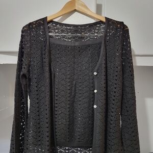 Black Open-Knit Button Cardigan Sweater - Women